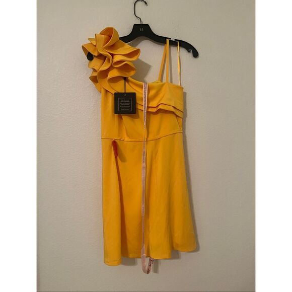 Mac Duggal One Shoulder Ruffle Mini Dress Yellow 55286 NEW NWT - Picture 5 of 8